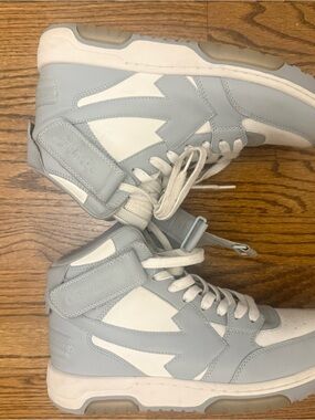 Off-White Light Gray and White High-Top Sneakers with Strap
